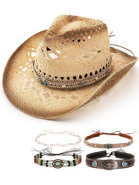 Mens Beige Hook and Loop 4-Style Decorative Bands Stiff Wide Brim Western Style